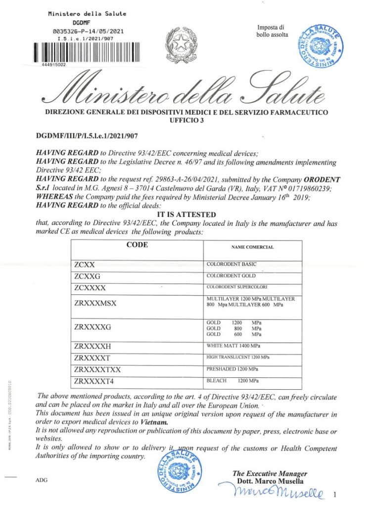 Chứng Nhận Lưu Hành CỦA BỘ Y TẾ ITALIA